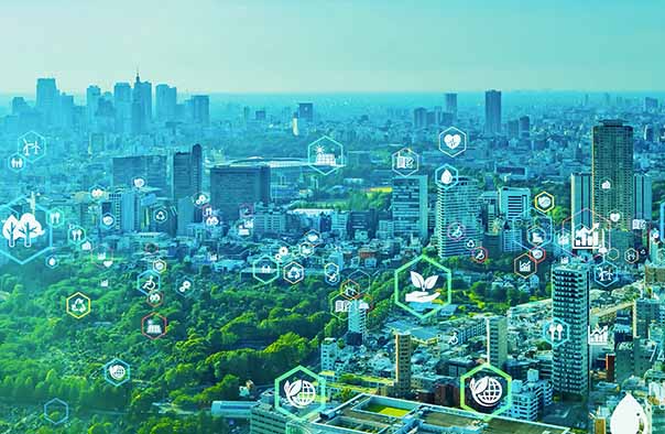 Smart city with green icons